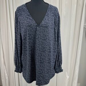 Adrianna Papell Navy White Blouse Women’s XL Office Casual Coastal Grandmother